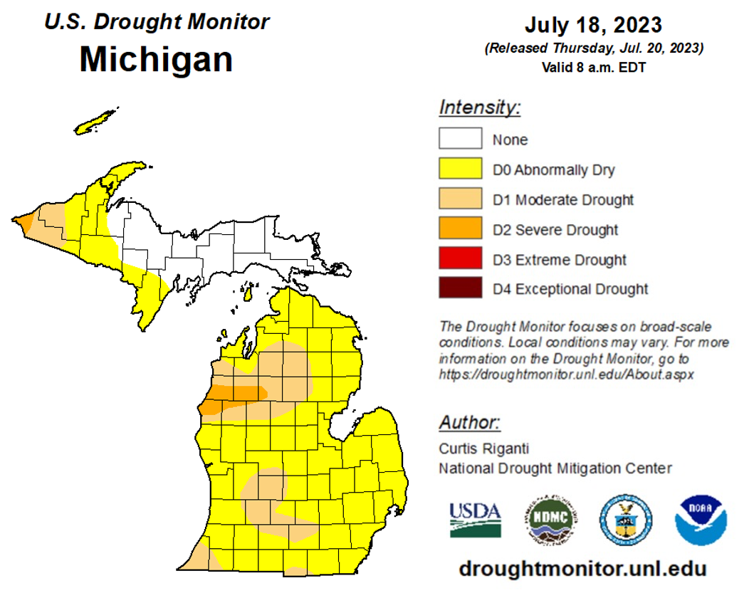 US Drought Monitor Map that shows the intensity of drought across Michigan.
